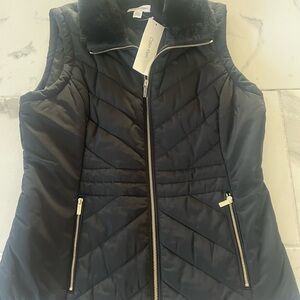 Calvin Klein Black Quilted Vest with Faux Fur Collar